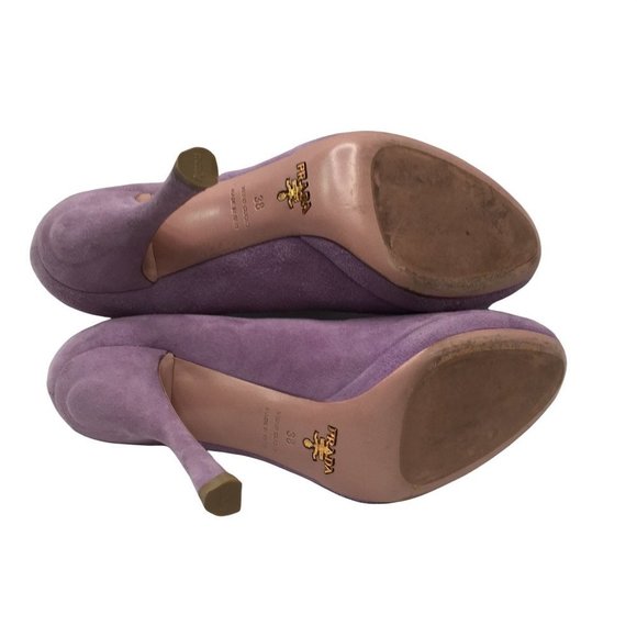 Prada Womens High Heels 38 Lavendar Suede Scalloped Edge Platform Leather Pumps - Picture 4 of 11